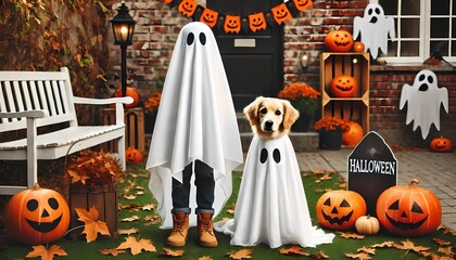 Dog wearing a ghost costume sitting between pumpkins for Halloween