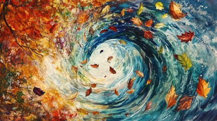 Leaves falling into a swirling vortex, merging with wind and water elements, fantasy,autumn colors,watercolor,soft brush strokes,dynamic flow