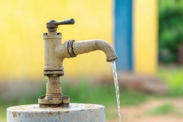 Hand-operated water pump in a rural village, with locals gathering water, hand pump rural village, community water access