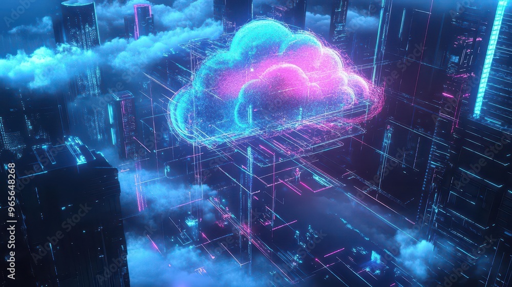 Poster Glowing cloud structure integrated into a smart city, engineers interacting via holographic interfaces, neon blue and pink