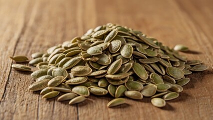 handful of pumpkin seeds on wooden table, organic snack concept in rustic setting