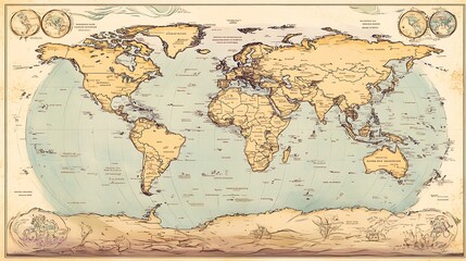 Vintage Hand-Drawn World Map with Detailed Geographic Elements in Retro Style