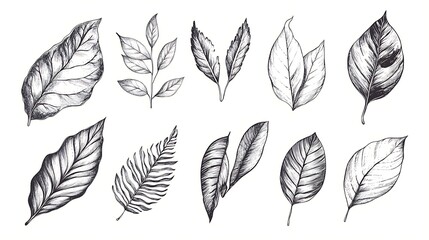 Artistic Hand-Drawn Botanical Leaves: Nature and Plant Motifs in Detailed Ink Work