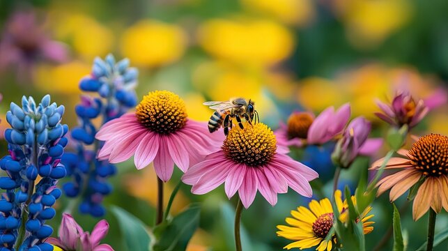 8. Blooming wildflowers in rich, vibrant colors, intertwined with a close-up of a bee gathering nectar, highlighting the delicate dance of pollination