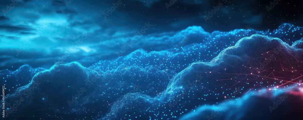 Poster cloud computing network stretching across a virtual sky, glowing digital pathways, scifi, dark backg
