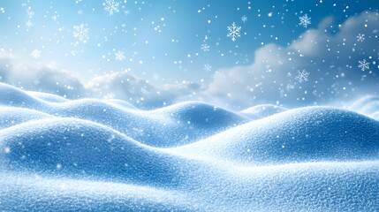 Snowy hills and snowflakes gently falling under a crisp blue sky, cartoon style with space for text or design.