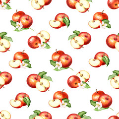 Fresh Apple fruit fall seamless pattern. Hand drawn watercolor illustration isolated on the white background