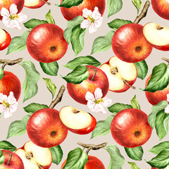 Fresh Apple fruit fall seamless pattern. Hand drawn watercolor illustration, isolated on white background