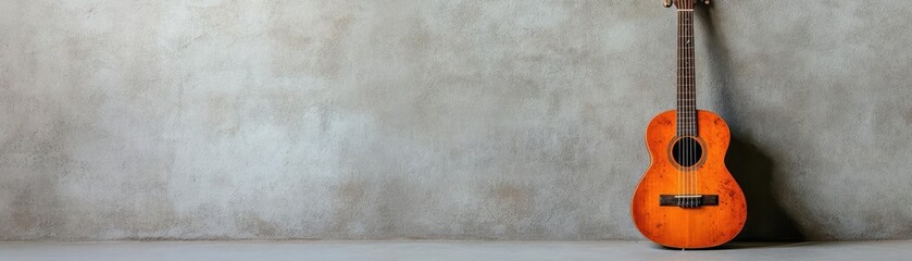 Obraz premium An old guitar with broken strings leaning against a wall, silence, the end of creativity and expression