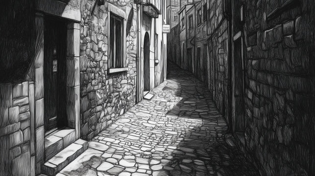Fototapeta Urban Alley Black and White Sketch