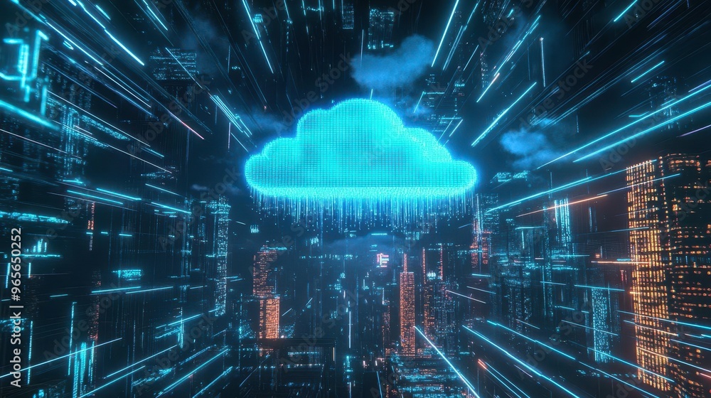Poster aipowered cloud system displayed as a floating hologram, data flowing through neon lines, dark cyber