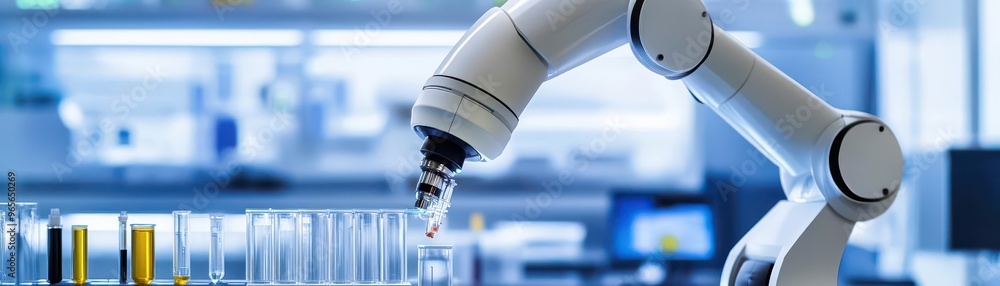 Poster aipowered robotic arm conducting experiments in a cuttingedge biotechnology lab