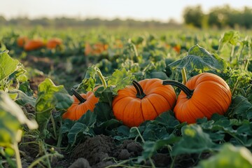 Field of orange pumpkins, sunset, beautiful sunlight. Harvest. Close-up. Harvest festival background. Autumn landscape
