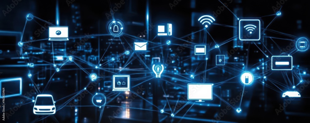 Poster A visual representation of the Internet of Things IoT, where appliances, vehicles, and devices are interconnected via software integration, forming a web of glowing lines
