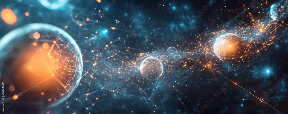 Fototapete A virtual universe of interconnected software systems, with glowing planets representing different technologies being integrated into one