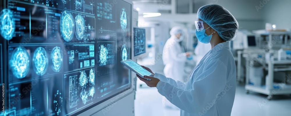 Poster A technician in a cleanroom environment interacting with a holographic interface showing safety protocols, 3D render, sterile white, high tech
