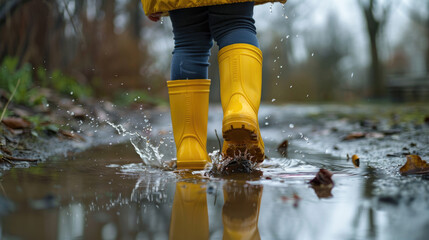 A girl in rubber boots runs through puddles.