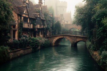 Fototapeta premium Charming river scene in a misty English village with a stone bridge, copy space for text, image for tourism advertising, travel advertise, trip advert
