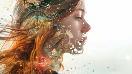 A woman with a clock mechanism on a white background.