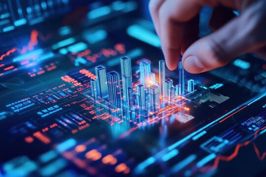 A skilled investor building a futuristic city from stock market data, as each trade turns into skyscrapers and bridges