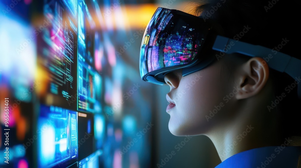 Leinwandbilder A person wearing augmented reality glasses, where multiple software apps are integrated into one seamless visual display showing realtime data