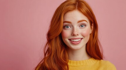 Fototapeta premium Smiling Redhead Woman with Pink Background