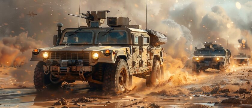 Four military vehicles, including an SUV with a machine gun, navigate a chaotic field. Number 28 is visible. Aircraft, tanks, and human figures contribute to the tense warzone setting.