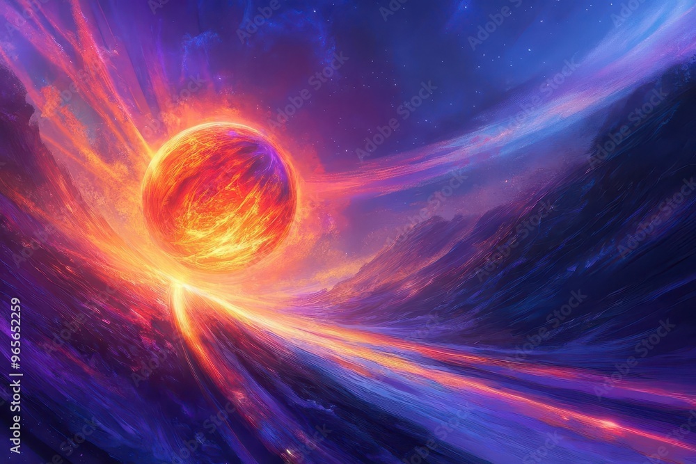 Poster a glowing orb being pulled into the horizon by invisible force lines, leaving trails of light, surre