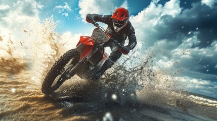 Motocross Rider Splashing Through Water