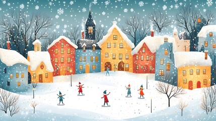 Fototapeta premium Seamless winter village pattern with snow people ice skating, snowy rooftops, and holiday lights, designed in a playful cartoon vector.