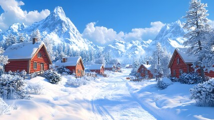 Naklejka premium Snowy winter village featuring quaint homes, frosted trees, and distant mountains in a peaceful 3D cartoon winter landscape.