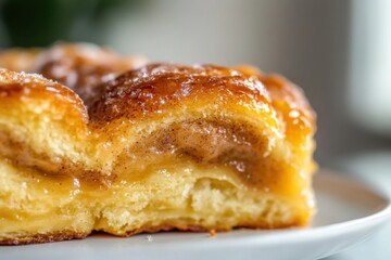 A close-up shot of the golden, caramelized edges of a cinnamon bun, with the inside layers bursting with cinnamon sugar and butter 