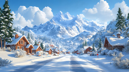 Fototapeta premium Snowy village with charming homes, frosty trees, and a majestic mountain range in the background, 3D cartoon winter vector design.