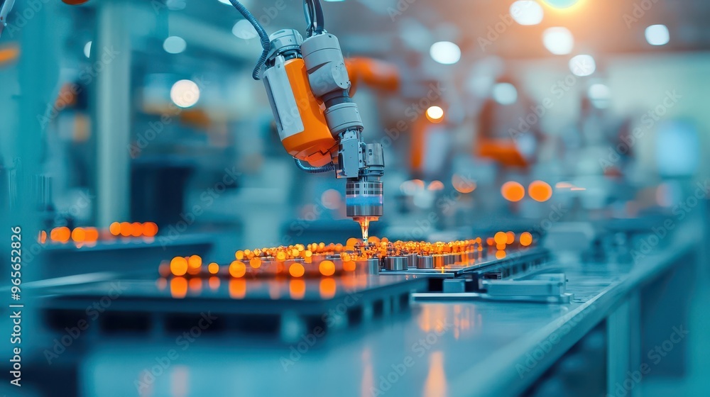 Aufkleber a futuristic factory where robots, powered by ai software, build intricate machines with datadriven 