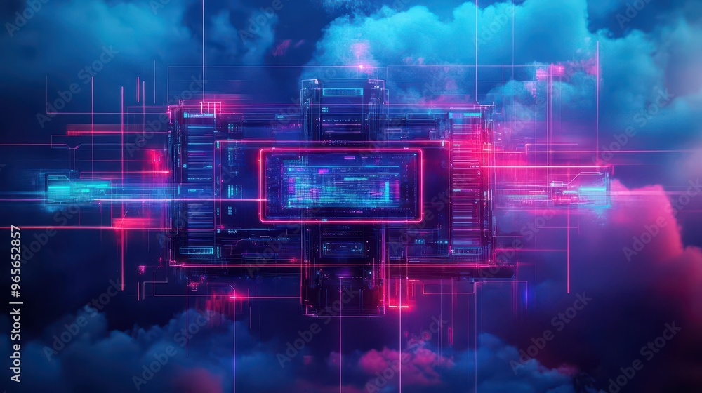 Poster a futuristic data center floating in the clouds, connected by glowing cables and holographic screens