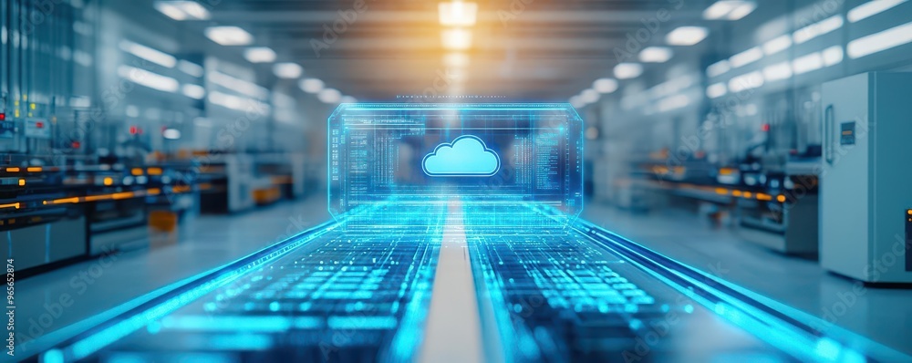 Fototapete A futuristic factory where machines work in sync with a cloud system, seamlessly integrating production lines and data analytics