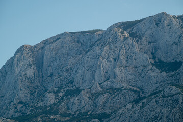 View of the Biokovo mountain range of the Dinaric Alps from Makarska riviera, Adriatic coast of Croatia