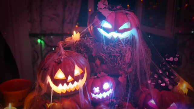 Jack-o-lanterns on top of each other in smoke with flashing neon lights covered with spider, cool decorations fun Halloween party.