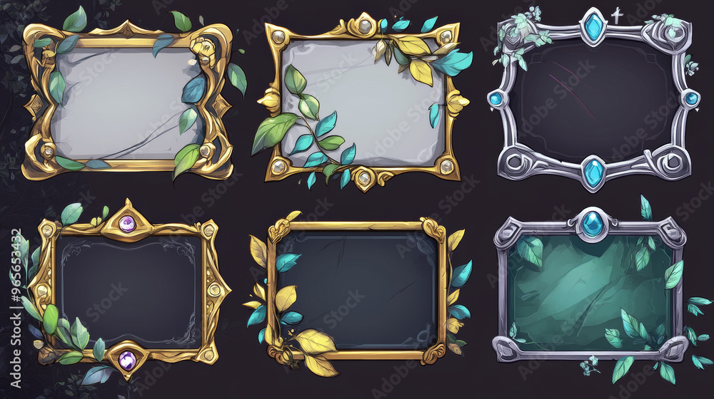 Poster a set of medieval-style rectangle frames for game interfaces. these frames feature gold and silver b