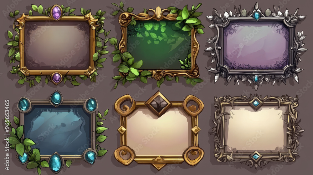 Poster a set of medieval-style rectangle frames for game interfaces. these frames feature gold and silver b