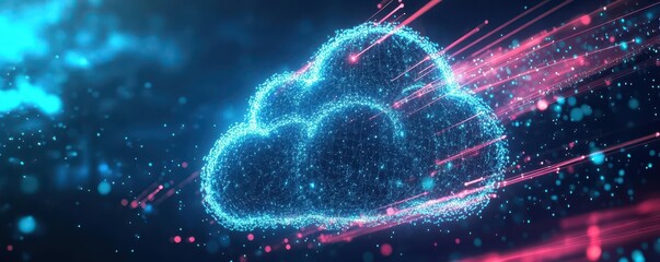 A cloud of data particles forming a holographic globe, representing global data flow, illuminated by neon lights and digital lines, futuristic concept