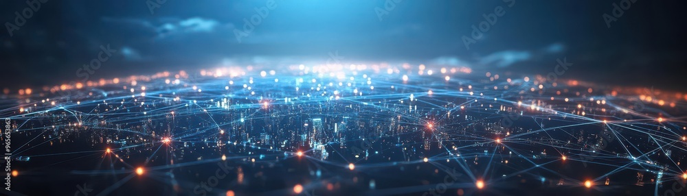Poster A 3D model of interconnected global networks, each node a city glowing with data integration, lines connecting the globe in a techfuturistic environment