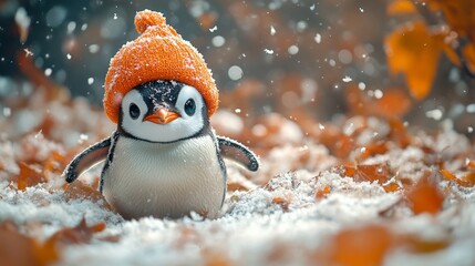 Obraz premium Extreme longest shot of Penguin wearing a pumpkin hat waddling through a snowy Halloween landscape, [Halloween penguin], [cute holiday pet]