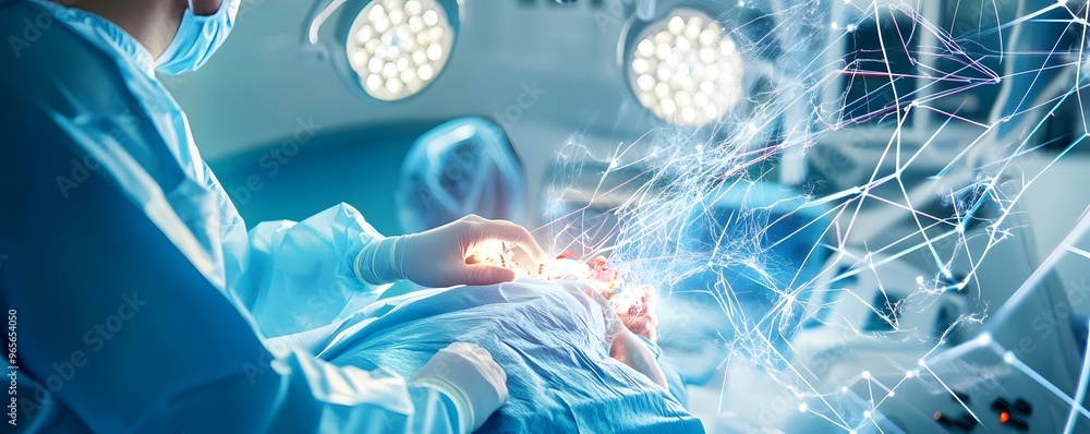 Poster Surgeon Operating with Abstract Network Visualization.
