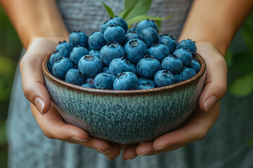 close up of hands holding a bowl of blueberries