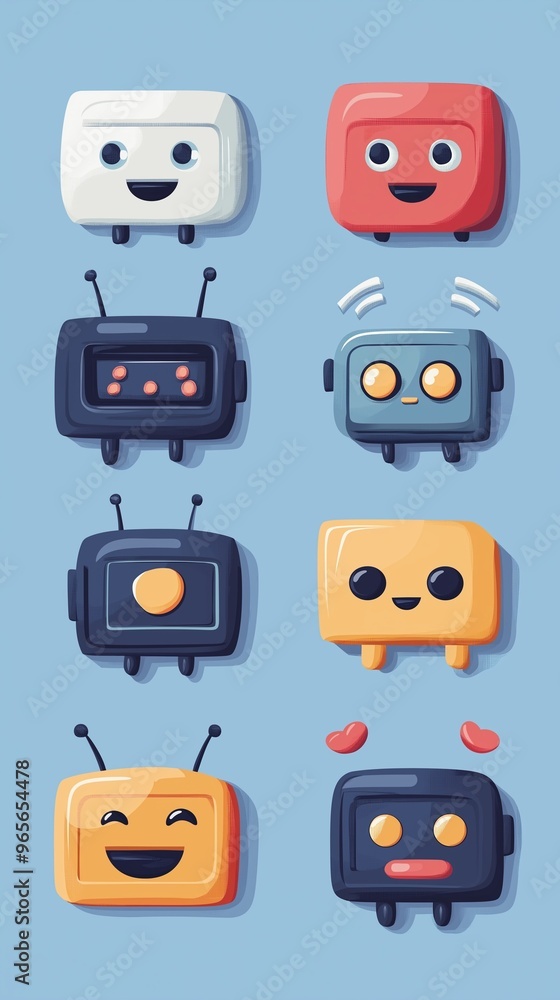 Poster a collection of cute cartoon robots with a different expressions and features.