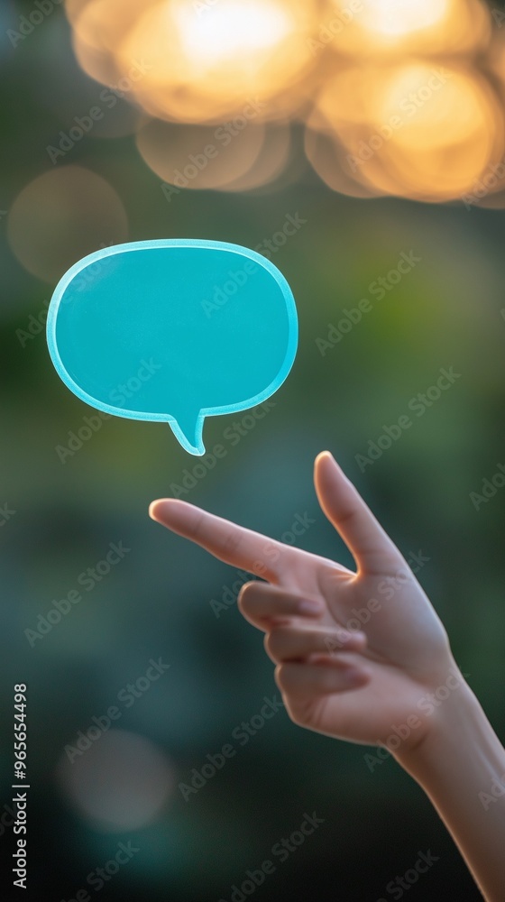 Poster a hand pointing towards a floating, translucent speech bubble against a blurred background of a natu