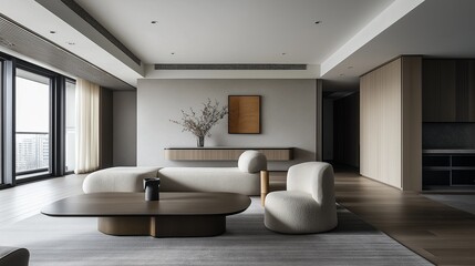 Fototapeta premium A modern and spacious living room with a minimalist design. 