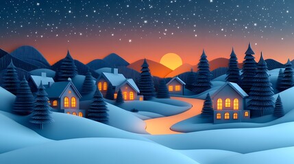 Naklejka premium A cozy village at night with softly lit homes, snow-covered streets, and pine trees, under a star-filled sky, 3D paper art cut style.