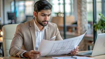 Obraz premium An Indian engineer analyzing mechanical blueprints or CAD designs in a modern office, emphasizing precision and innovation.